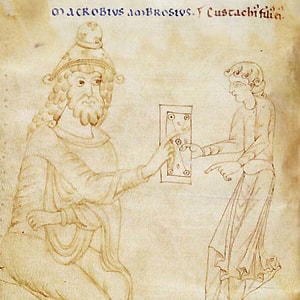 Macrobe et son fils Eusthatius, manuscrit du Commentaire au Songe de Scipion, British Library (XIIe siècle)